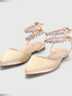 Lulus Boxton Champagne Satin Rhinestone Pointed-Toe Ankle Strap Flat ••NEW••